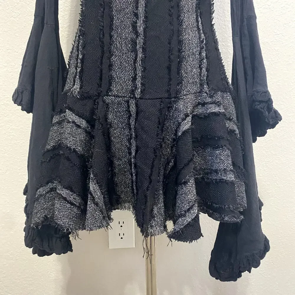 Asymmetrical Striped Layered Flare Dramatic Sleeve Whimsigoth Vamp Gothic Dress - Picture 7 of 12